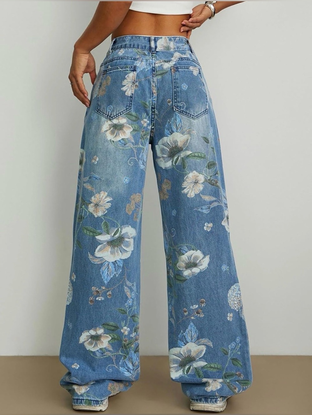 Mid Rise Floral Straight Leg Blue Women's Jeans